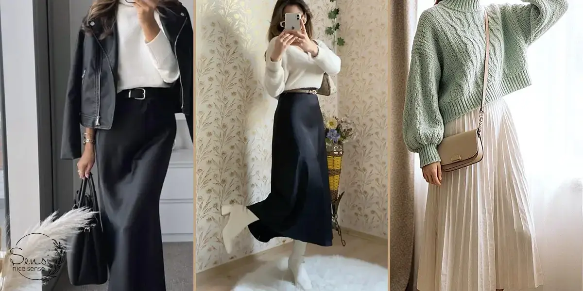 ایده‌های رنگی برای ست پلیور و دامن در پاییز