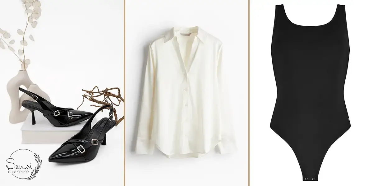 بهترین ترکیب‌ها (با بادی مشکی، بلوز روشن، کفش پاشنه‌دار)