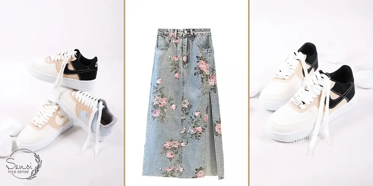 دامن جین طرحدار با کفش کتانی