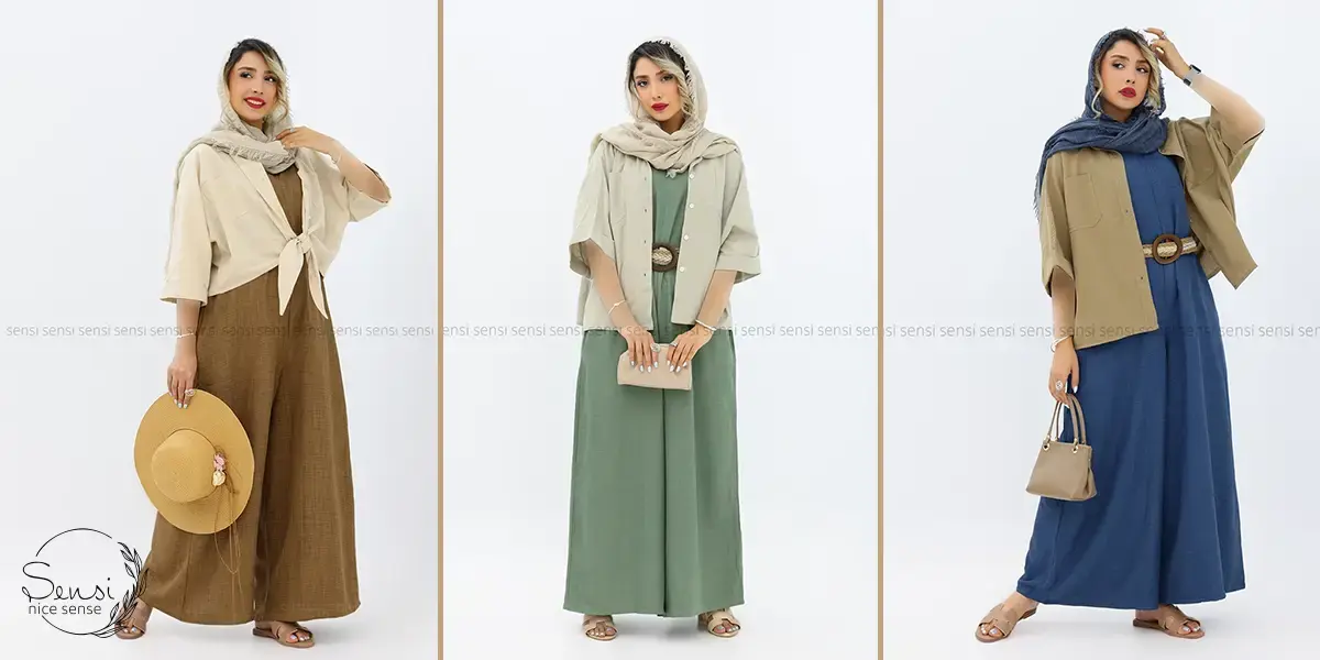  سرهمی اسپرت یقه گرد و کمر کشی با صندل و کیف حصیری