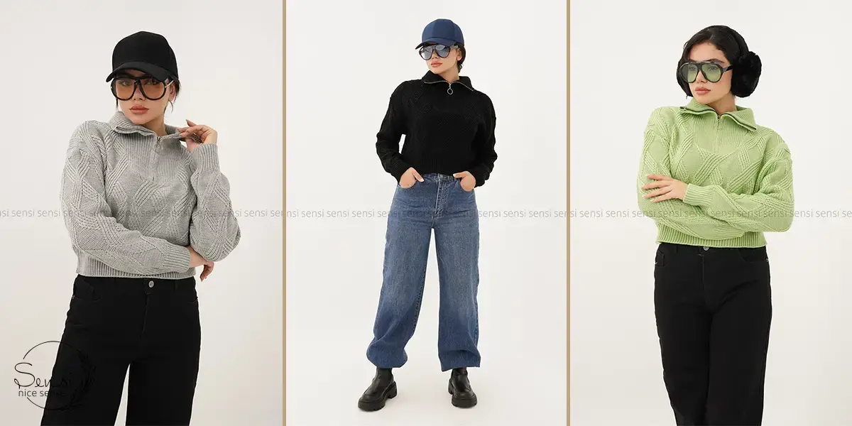 شلوار جین ضخیم با پلیور بافت و کت کوتاه