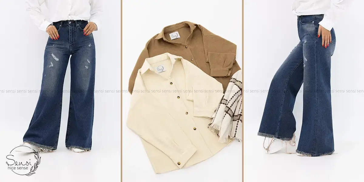 شومیز بافتنی + شلوار جین واید برای استایل روزمره
