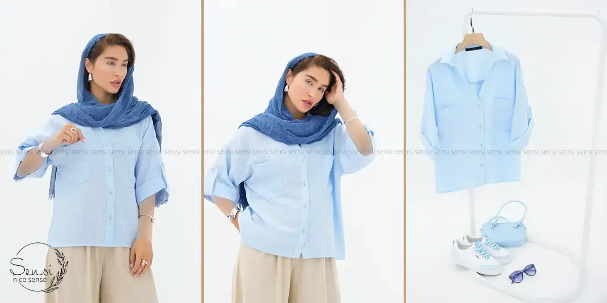 شومیز لینن آبی روشن + دامن ساده نخی