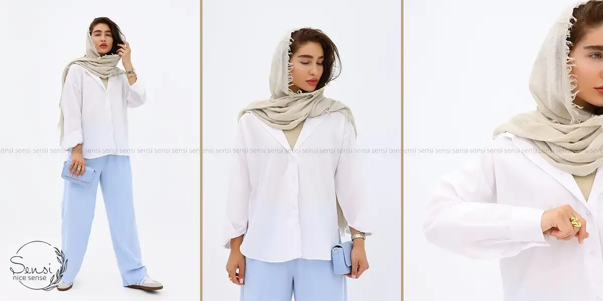 شومیز نخی سفید + شلوار لینن بژ