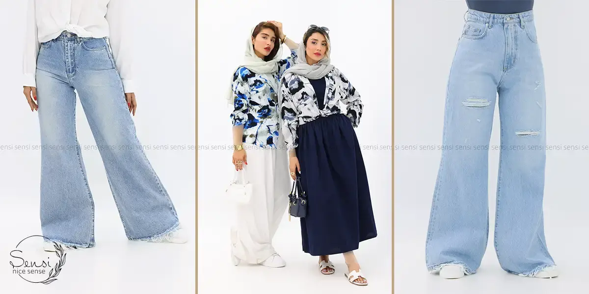 شومیز نخی طرحدار ملایم + شلوار جین روشن