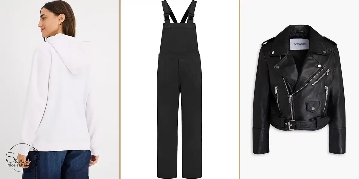  هودی نازک سفید + اورال مشکی راسته + کت چرم کوتاه