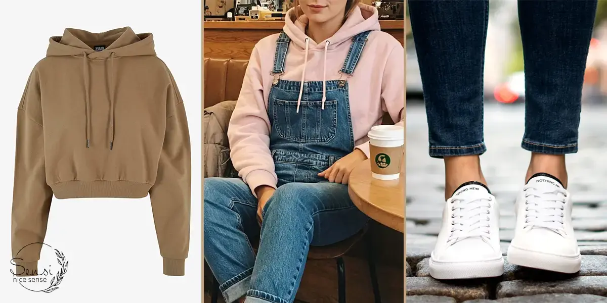  هودی کراپ + اورال بگ جین + اسنیکرز سفید