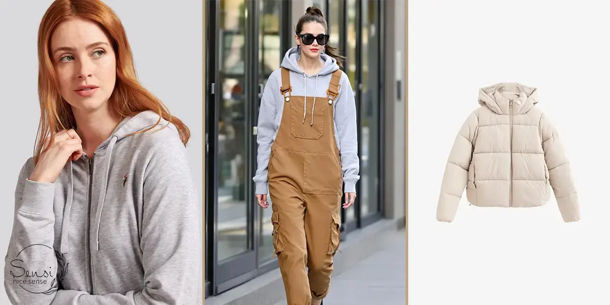  هودی یقه‌زیپی + اورال کتان کاراملی + کت پف‌دار
