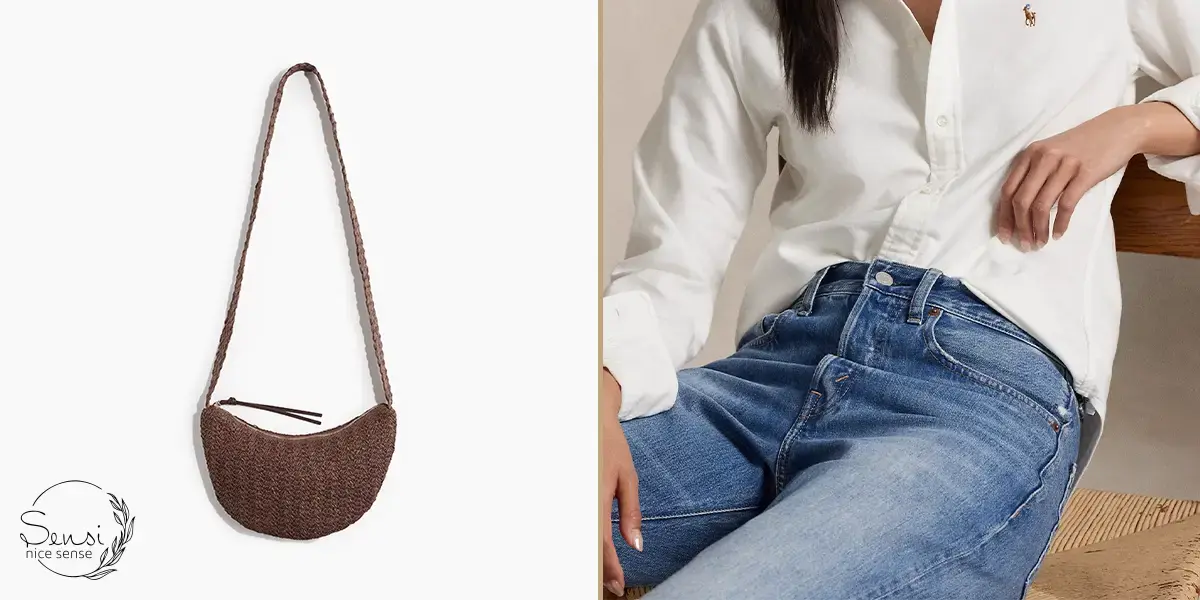 پیراهن نخی سفید با کیف کراس‌بادی حصیری