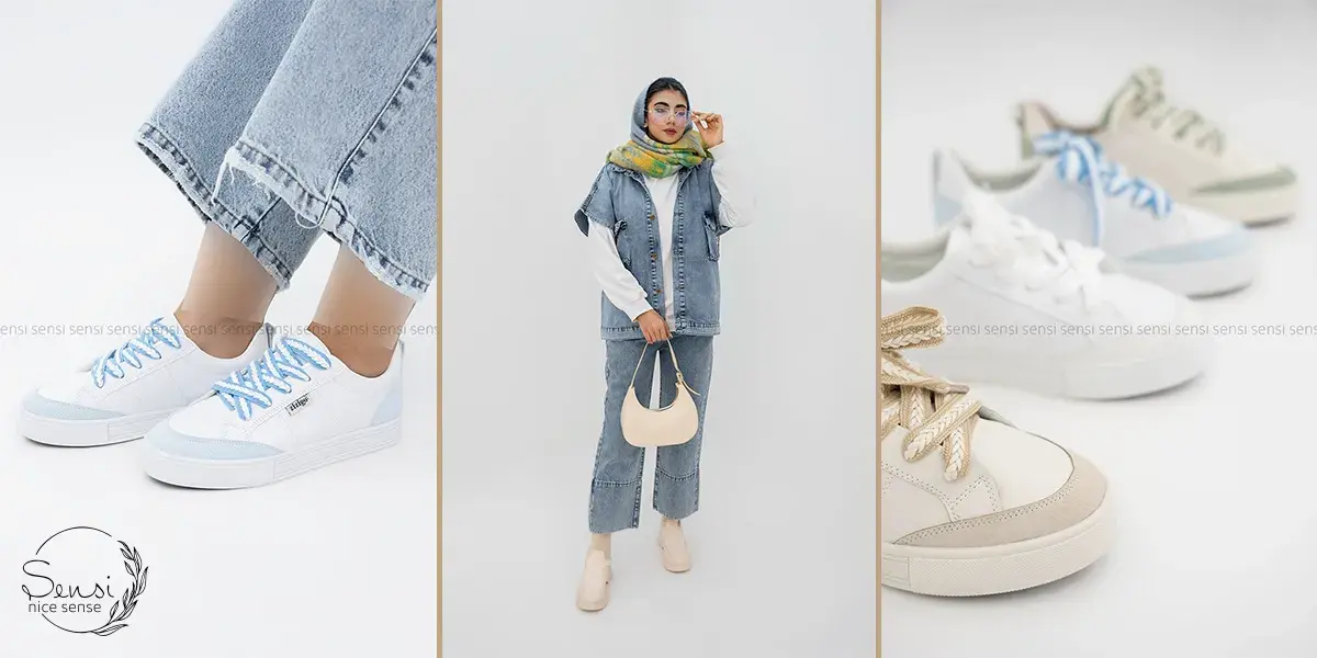 کت جین نازک و کفش اسپرت سفید
