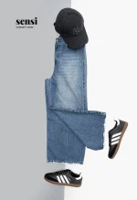 شلوار جین واید لگ زاپ آبی تیره