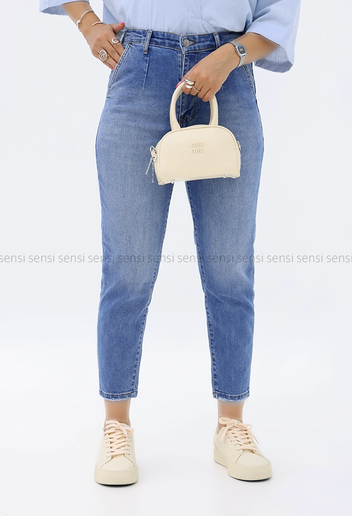 شلوار مام پشت کش ابی وسط ساده