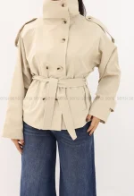 ترنچ کت یقه ایستاده کتان @کد1004288