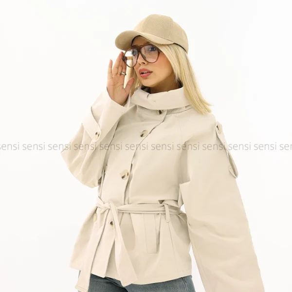 ترنچ کت یقه ایستاده کتان @کد1004288