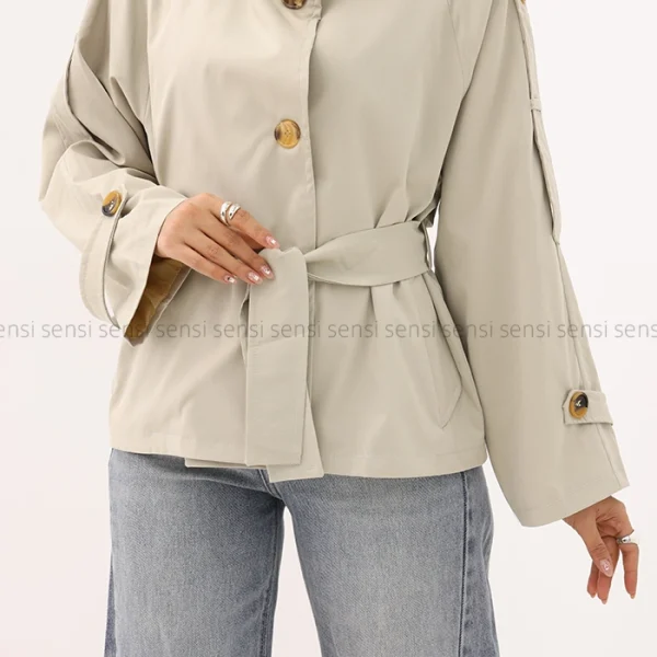 ترنچ کت یقه ایستاده کتان@کد1004635