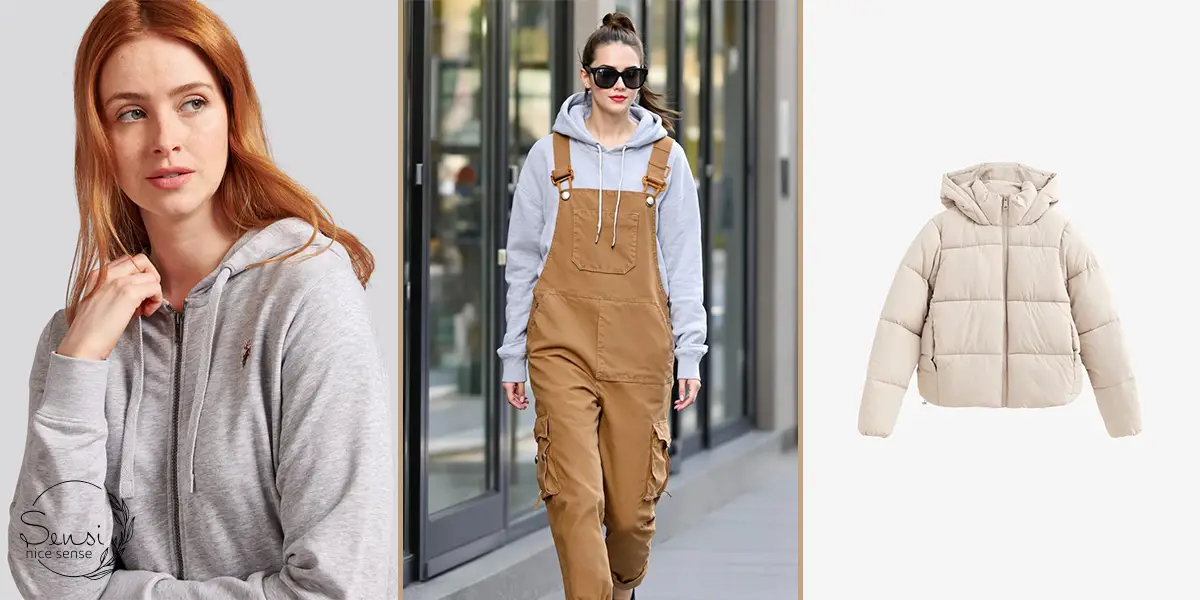  هودی یقه‌زیپی + اورال کتان کاراملی + کت پف‌دار